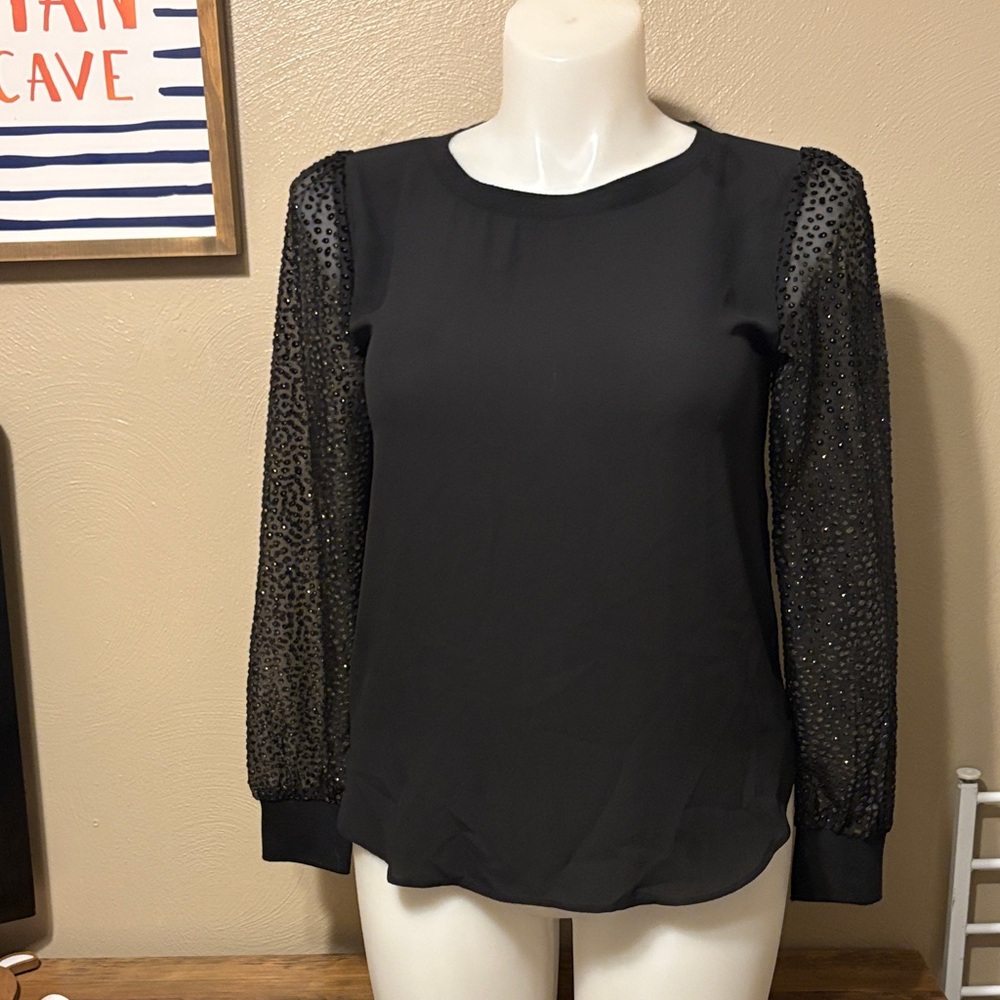 LOFT Black Blouse with Sheer Embellished Sleeves